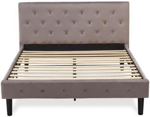 East West Furniture NL14Q-1VL07 2 Piece Queen Bed Set - Button Tufted Bed Frame - Brown Taupe Velvet Fabric Upholstered Headboard and a Distressed Jacobean Finish Nightstand