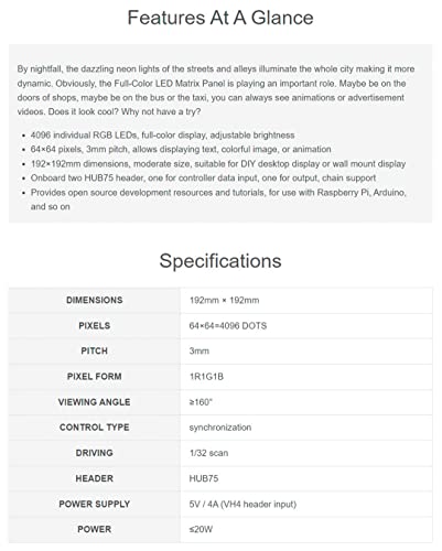 Matrice LED RGB Waveshare 64x64 pixels pas 3mm écran programmable 4096 LED - 3