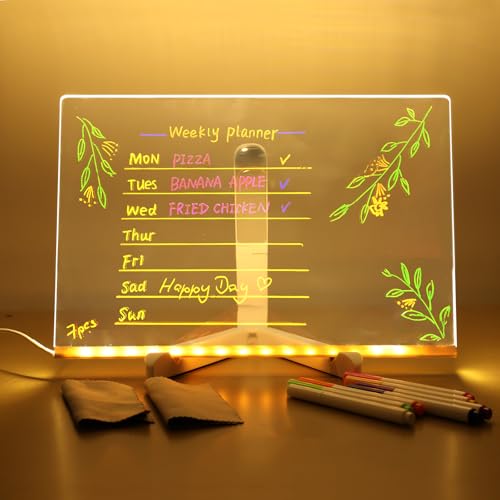Baytion Note Board with 7 Colors Pen LED Acrylic Message Board 30x20cm Dry Erase Writing Pad with Stand Light up Drawing Boards for Kids Desktop Memo Rewritable Wordpad for School Home Office