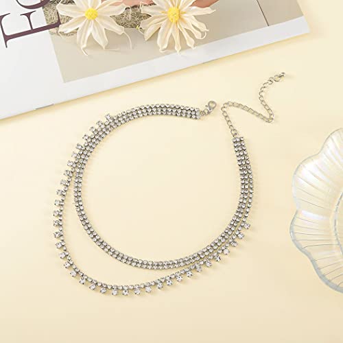 Sixexey Layered Rhinestone Necklaces Silver Crystal Necklace Chains Sparkly Party Necklace Jewelry For Women And Girls (2-Layer) #TOP1