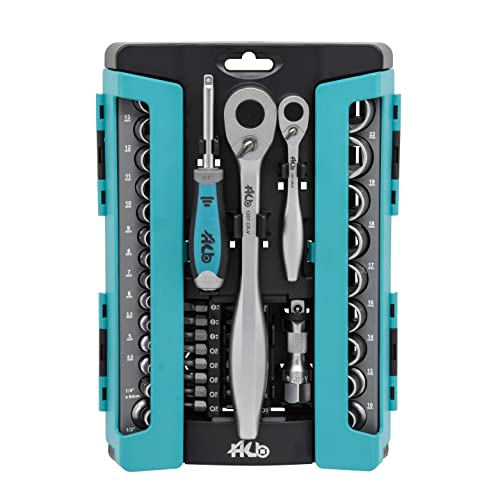 HB 63tlg Steckschlüsselsatz Knarrenkasten AKM009-G 120-Zahn 1/4&1/2 Ratsche Versiegelter Kopf Schnelllösefunktion Verlängerung Torx PZ PH SL HEX Bits Profi Werkzeugset CR-V Stahl Taiwan