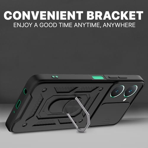 Image of Pikkme D10 Tough Armor Bumper Case | 360 Protection Case | Sliding Camera Shield Cover & Ring Holder Stand Back Cover for iQOO Z9 Lite 5G / Vivo T3 Lite 5G / Vivo Y18 / Y18e / Y03 (Black)