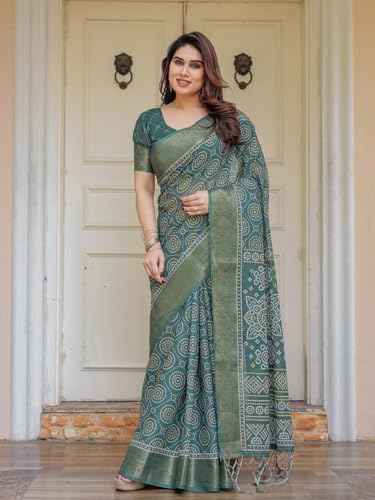 Image of ALMAARI FASHION Floral Printed Cotton Saree for Women with Handloom Zari Weave, Traditional Lightweight Ethnic Saree for Wedding Festive Office Party with Blouse Piece (LINEN 81-90 SH)