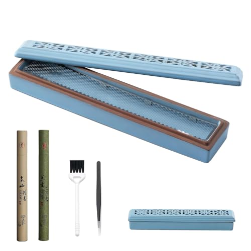CEREMONY Incense Holder,Ceramic Incense Holder for Sticks with Ash Catcher,Coffin Style Incense Box,Incense Burner for Meditation Yoga Spa Room Decor(Blue)