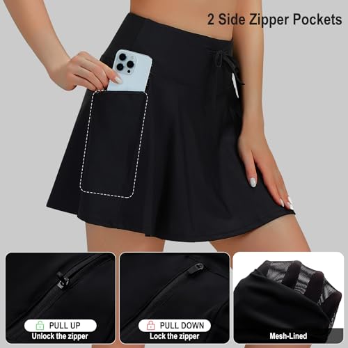 beroy Women's High Waisted Swim Skirt Bathing Suit Bottom Tummy Control Tankini Swimsuit Skort with Zipper Pockets3