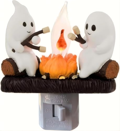 nlaa Ghost Campfire Nightlight Halloween Campfire Flickering Night Light 3D Spooky Fire Marshmallow Night Light for Halloween Decor (Cute Ghost)