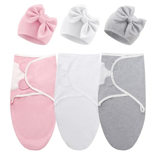 Image of DRESHOW BQUBO 3 Pack Newborn Baby Swaddle Blanket with Hats Infant Adjustable Velcro Swaddling Wraps with Bear Ears Cap for 6-12 Lbs Newborns & 0-3 Months Girls Boys