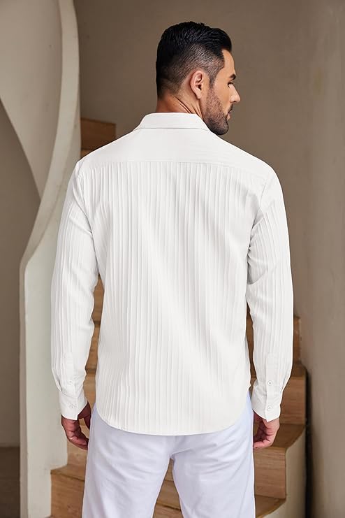 Image of Men's Casual Button Down Shirts Long Sleeve Linen Shirt Fashion Textured Beach Summer Shirt