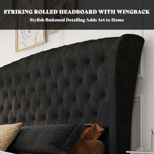 Image of AMERLIFE California King Size Platform Bed Frame, Velvet Upholstered Sleigh Bed with Scroll Wingback Headboard & Footboard /Button Tufted /No Box Spring Required /Black