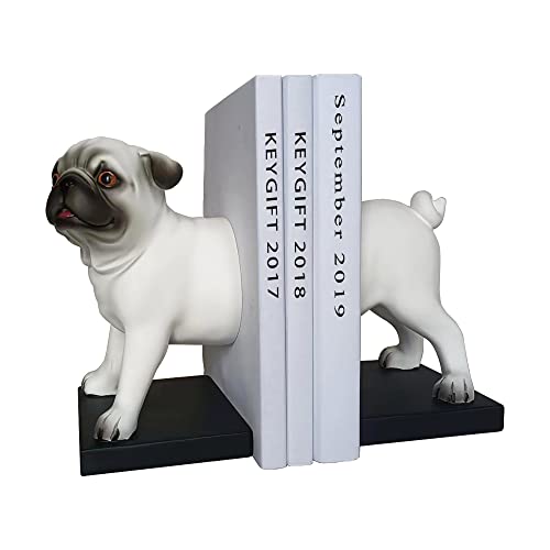 Hunde-Buchstützen, dekoratives Regal, 19,6 cm, weißes Kunstharz, strapazierfähig, Mops-Buchstützen für Regale, Büro, Heimdekoration Cover