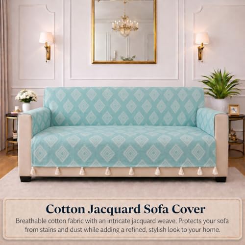 Image of STITCHNEST 'Verdant Rekhika Stories' 3 Seater Sofa Cover | Full Coverage with Armrest Pockets | Elegant Jacquard Fabric, Decorative Tassels, Washable & Durable for Modern Living
