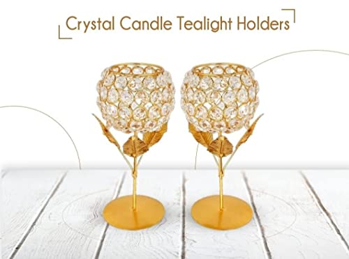 Image of Tabletop Candle Holder with Crystal for Home Decoration, Perfect for Candle Light Dinners & Special Moments (2 Pc, Metal, Golden)