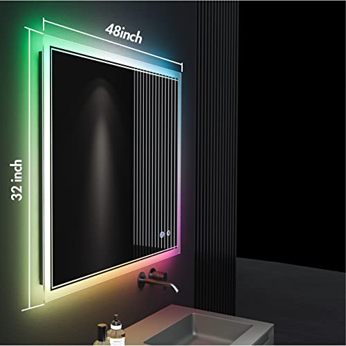 Okpal 48X32 Inch Rgb Led Bathroom Mirror With Backlit Light, Anti-Fog, Dimmable, Multicolor Light, Memory Function, Smart Touch, Shatterproof Glass, Bathroom Vanity Mirror Mounted For Wall #TOP3