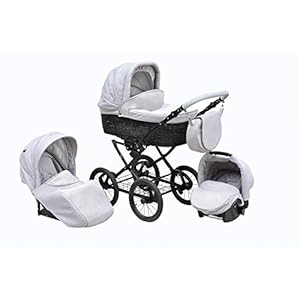 SKYLINE Klassisch Retro Stil Wicker LUX Kombi-Kinderwagen Buggy 3in1 Reise System Autositz (Isofix) (Collage Gray/14 "Räder)