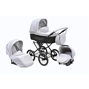 SKYLINE Klassisch Retro Stil Wicker LUX Kombi-Kinderwagen Buggy 3in1 Reise System Autositz (Isofix) (Collage Gray/14…