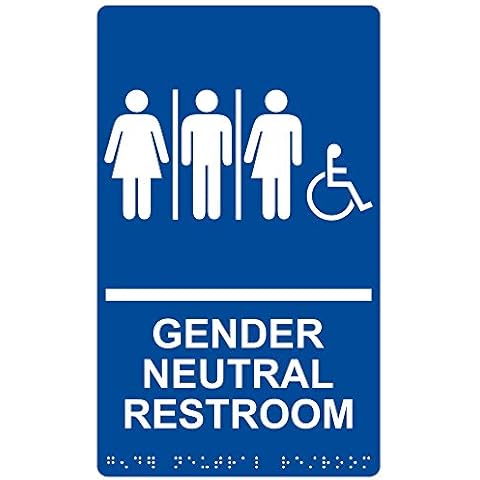 ComplianceSigns.com Gender Neutral Restroom Sign, ADA-Compliant Braille and Raised Letters, 11x6 inch Blue Acrylic with Adhesive Mounting Strips Cover