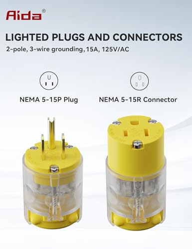 AIDA Lighted Plug and Connector Set, Straight Blade Cord End Replacement, 15 Amp 125Volt, NEMA 5-15P & NEMA 5-15R, 2 Pole 3Wire Grounding, Yellow, 1 Set