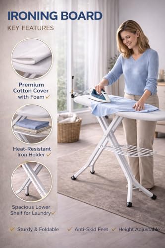 Image of Jaimini Multi-Function Iron Table for Ironing Clothes Foldable & Adjustable Mat Board with Cable Holder & Removable Cover, Versatile and Space-Saving, Ideal for Any Household