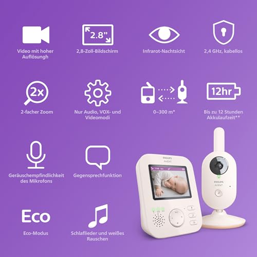 Philips AVENT Philips Babyphone mit Kamera Advanced - DEKRA Zertifiziert privat und sicher - 2.8" Display, x2 Zoom, Infrarot-Nachtsicht, Schlafliedern (Model SCD881/26) 3