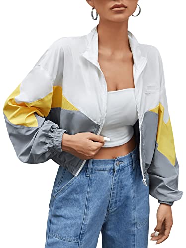 SweatyRocks Women's Long Sleeve Full Zip Cropped Jacket Color Block Windbreaker Coat