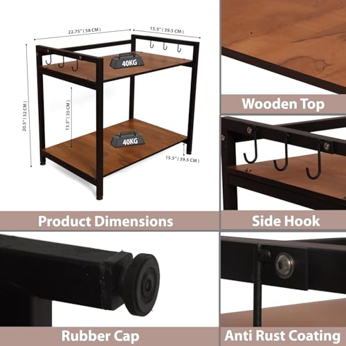 Image of Heavy Duty Metal Microwave Oven Stand with Storage Shelves | 2 Tier Kitchen Organizer Rack with Hooks | Suitable for Microwave, OTG & Kitchen Appliances