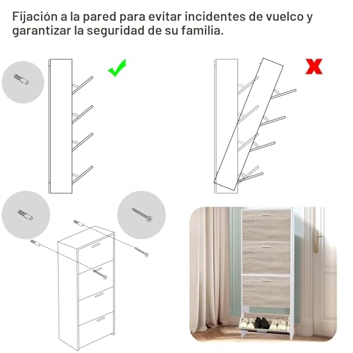 Miniatura 8 de Casabel - Mueble De Almacenamiento De Zapatos Para Vestíbulo Con Gran Capacidad, 24 Pares, 60 Ancho X 24 Profundidad X 150 Alto Cm, Puertas De Madera Clara, Marco Blanco