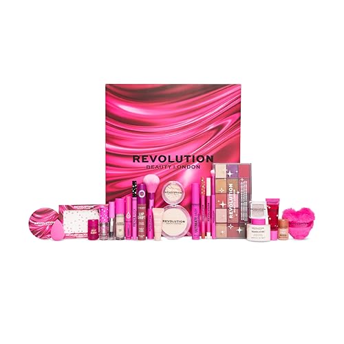 Revolution calendario de Adviento beauty 2026, set regalo maquillaje | 10 productos tamaño completo, 8 minis y 6 accesorios, set regalo para ella, Vegano y Libre de Crueldad