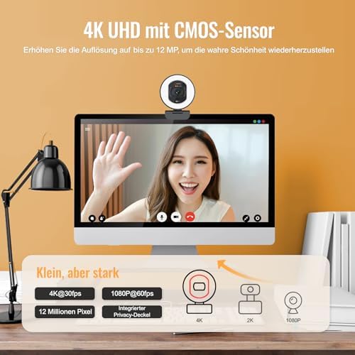 Bild 1 - Angetube Webcam 4K mit Licht – Streaming-Kamera für PC mit Dual-AI-Rauschunterdrückungs-Mikrofon, Auto-Fokus und eingebautem Sichtschutz. USB 1080P 60FPS Webcam für Laptop und Mac