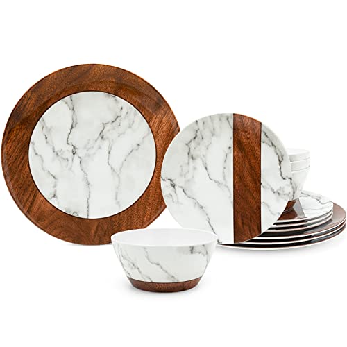 Comparison: Best Wooden Dinnerware Sets 10 LEHAHA Rustic Modern Melamine Dinnerware Sets, Marble 12-Piece Lightweight Outdoor Plates and Bowls Sets, Unbreakable Wood Patterns Dishes Dinnerware Set, Service for 4…