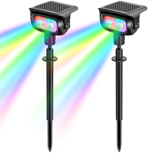 MEEKBOS Luces Solares LED Exterior con Estaca, RGB 5 Modos de Cambio de Color, Sensor Crepuscular, IP65 Impermeables, Lámparas Solares para Jardín, Césped y Caminos(2 Piezas)