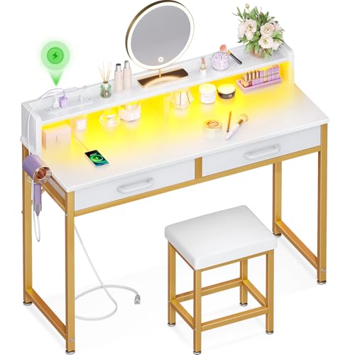 Image of AODK Vanity Desk with LED Lights, White Small Makeup Table for Small Space with 2 Fabric Drawers, Desk Make Up Vanity for Girls