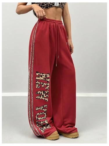 COZYEASE Women's Leopard Letter Graphic Sweatpants Straight Leg Drawstring Waist Striped Y2K Pants2