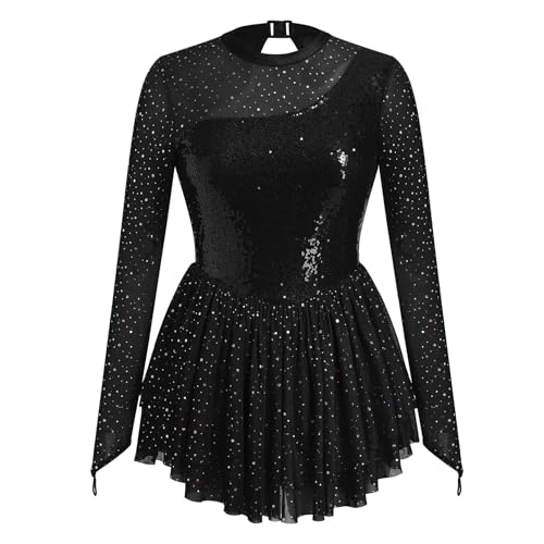 Figure Skating Dress for Women Sparkly Sequins Mesh Long Sleeve Teen Girl Ice Skater Outfits Mock Neck Adult Rhythmic Gymnastics Leotard Chiffon Mini Skirt Lyrical Dance Outfits Black XS