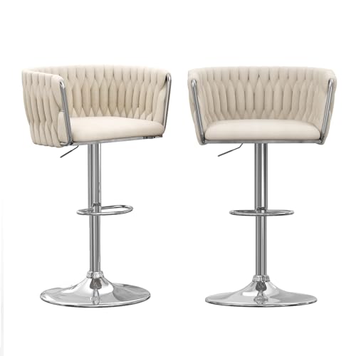 Utlenianie Juego de 2 Taburete de Bar con Respaldo Terciopelo Taburetes Alto Cocina Regulable en Altura y Giratorio 360°, Estructura de Acero Cromado, Silla de Cocina para Bar/Comedor (Beige Claro-2)