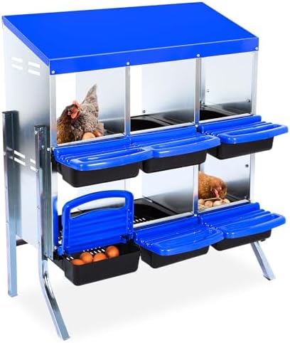 Chicken Nesting Box, 6/8/10-Hole Roll Away Laying Box with Tray & Lid, Heavy-Duty Galvanized Steel Rustproof Design, Easy to Clean & Egg Collection, for Backyard Homestead Farm (Orange/Blue)