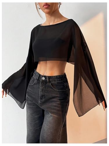 Women's Y2K Blouse Sheer Flowy Tops Crop Blouses Dressy Poncho Tops Boat Neck Long Sleeve Loose Chiffon Shirts3