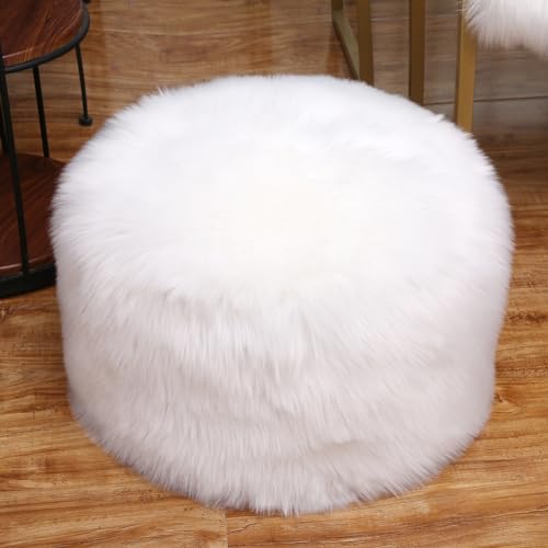Pouf Ottomano In Pelliccia, Copri Poggiapiedi, Copri Pouf In Finta Pelliccia, 50 X 30 Cm, Con Seduta Rotonda Da Pavimento, Poggiapiedi Per Soggiorno, Camera Da Letto, Colore: Bianco - 2