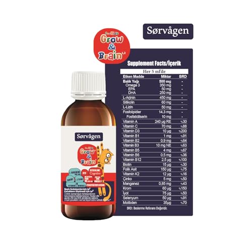SORVAGEN Grow&Brain L-arjinin, Sitikolin, Fosfatidilserin, DHA Omega 3, B12, L- lizin, Multi Vitamin