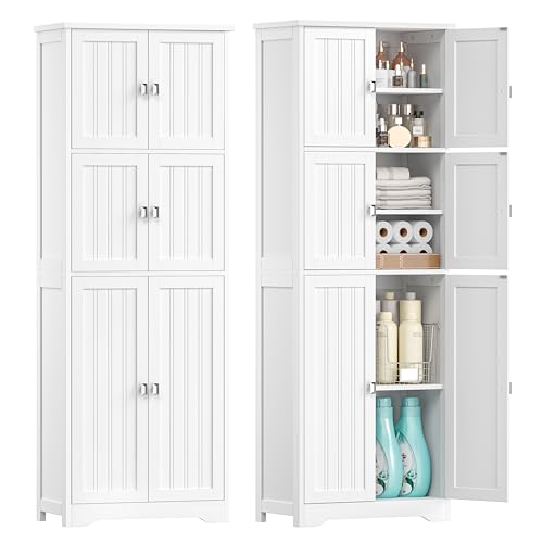 Image of Zeibospri 63" H Tall Bathroom Storage Cabinet, Linen Floor Cabinet with 6 Doors and Adjustable Shelves, Pantry Storage Cabinet for Bathroom, Living Room, Laundry Room, Kitchen, White