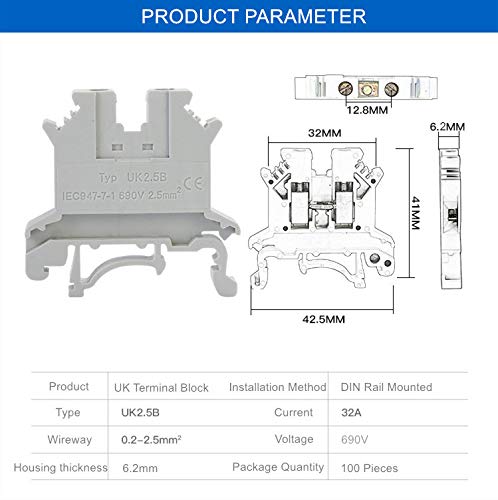 100 Pcs UK2.5B DIN Rail Terminal Block Screw Clamp Connector 690V 32A - Grey