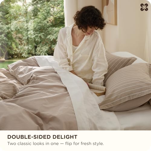 Bedsure Striped Duvet Cover King Size, 100% Washed Cotton PureWoven Duvet Cover Linen Like Textured, Classic Striped Pattern Enhances Bedroom Comfort and Style, Stripes Tan/White, 104\"x90\"