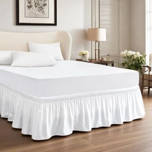 Bed Skirt, Elastic Wrap Around Bed Skirts for Adjustable Bed, Easy Fit with 15-Inch Tailored Drop, Hotel Quality Dust Ruffle (White, Queen)