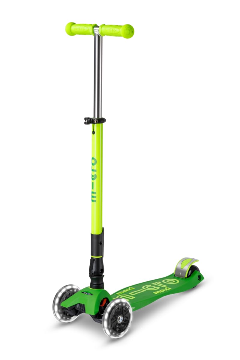 Micro Scooter | Maxi Micro Deluxe Foldable LED Kids Scooter | 5 to 12 Years | Boys & Girls | Lean-To-Steer Design | Handlebar Adjustable | Light Up LED Wheels | 50kg Weight Limit | Parrot Green