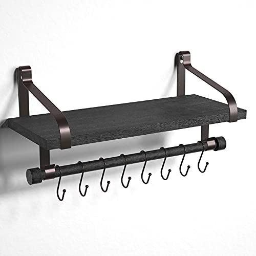 Love-KANKEI Floating Shelf Wall Shelf for Storage Rustic Wood Kitchen Spice Rack with Towel Bar and 8 Removable Hooks for Organize Cooking Utensils or Mugs Black/Brown Brackets