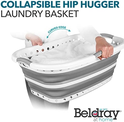 Beldray LA072979GRYEU Collapsible Hip Hugger Laundry Basket, Curved & Shaped To Fit The Body, Easy Fold Basket, Non-Slip 2 Way Ergonomic Handles, 37 Litres, Grey, 66 x 44 x 24cm When Collapsed