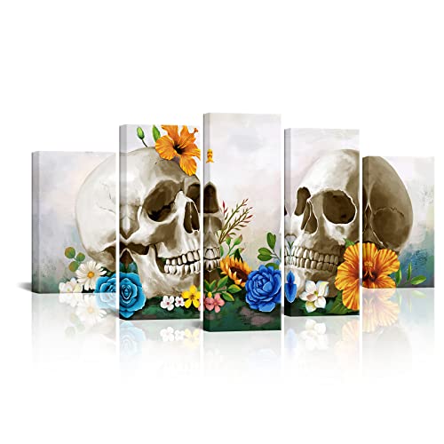 Conipit Large Skull Flower Canvas Wall Art Gothic Skeleton Pictures Floral Skull Painting Vibrant Flower Print Halloween Day Of Dead Artwork Framed 5 Panel Ready To Hang #TOP22