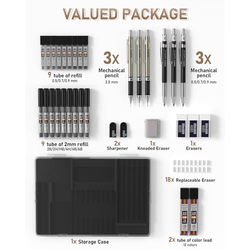 Image of Nicpro 35-Piece Art Mechanical Pencil Set, Metal Pencils 0.5 & 0.7 & 0.9 mm and 3 Pieces 2 mm Lead Pencil with 20 Cans of Replacement Leads (Colours 6B, 4B, 2B HB, 2H, 4H) for Sketching and Drawing