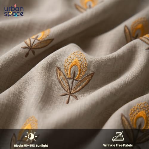 Image of Urban Space Cotton Sheer Curtain Pack of 1, Embroidered Semi Transparent Door Curtains 7 feet for Living Room, Bedroom & Balcony, 1 Pc Curtain with Eyelets and Tieback (Saanjhi Amber Brown - 7 feet)