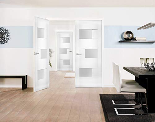 Vdomdoors Solid French Double Doors 36 X 80 Inches Opaque Glass/Sete 6933 White Silk/Wood Solid Panel Frame/Closet Bedroom Modern Doors #TOP1