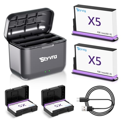 Styvra 360 X5 Camera Battery&Charger Set 2800mAh x2 (3.89V,10.89 Wh) with Protection Case and Dual X5 Charging Station PD Fast Charging Support,Charger with Memory Card Slot Replace with Insta360 X5